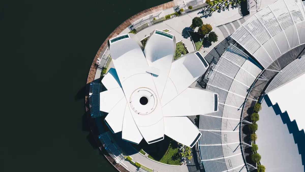 ArtScience Museum — Looking down on the white petal roof structure of the ArtScience Museum from above