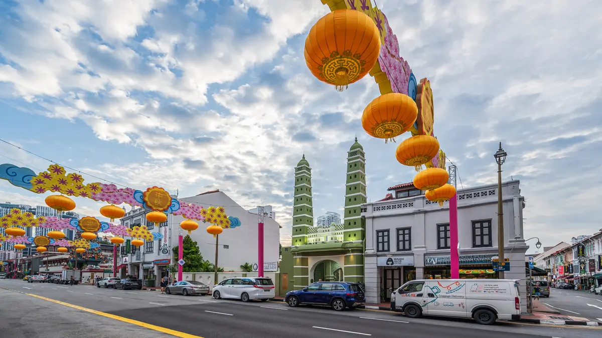 Chinatown — Festive lanterns strung above South Bridge Road in Chinatown during a Chinese festival