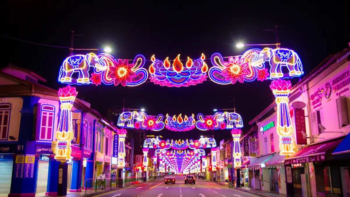 Little India — Illuminated elephant and peacock Deepavali light arches over Serangoon Road in Little India at night