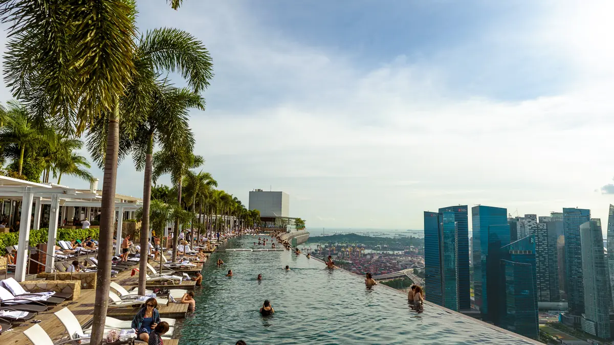 Marina Bay Sands — The Marina Bay Sands SkyPark infinity pool on the rooftop, looking out over the Singapore CBD skyline