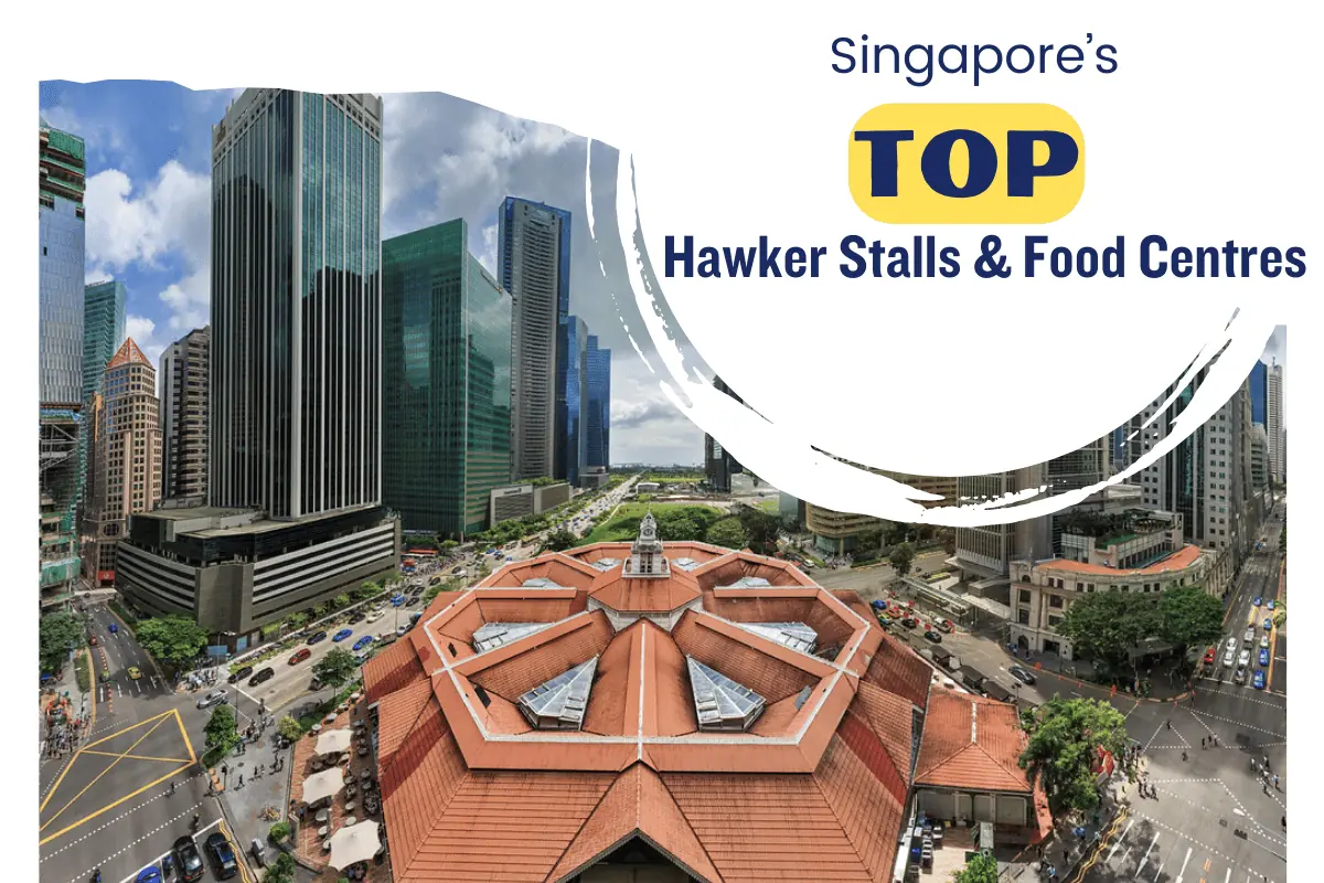 Basement food hall on Orchard Road with hawker stalls and diners at shared tables