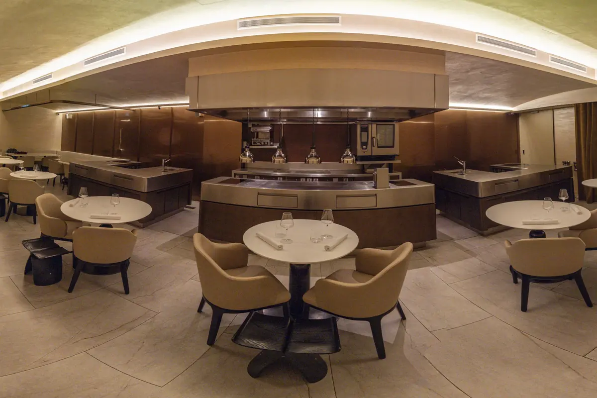 The dining room around the open kitchen at Lerouy, Mohamed Sultan Road, Singapore