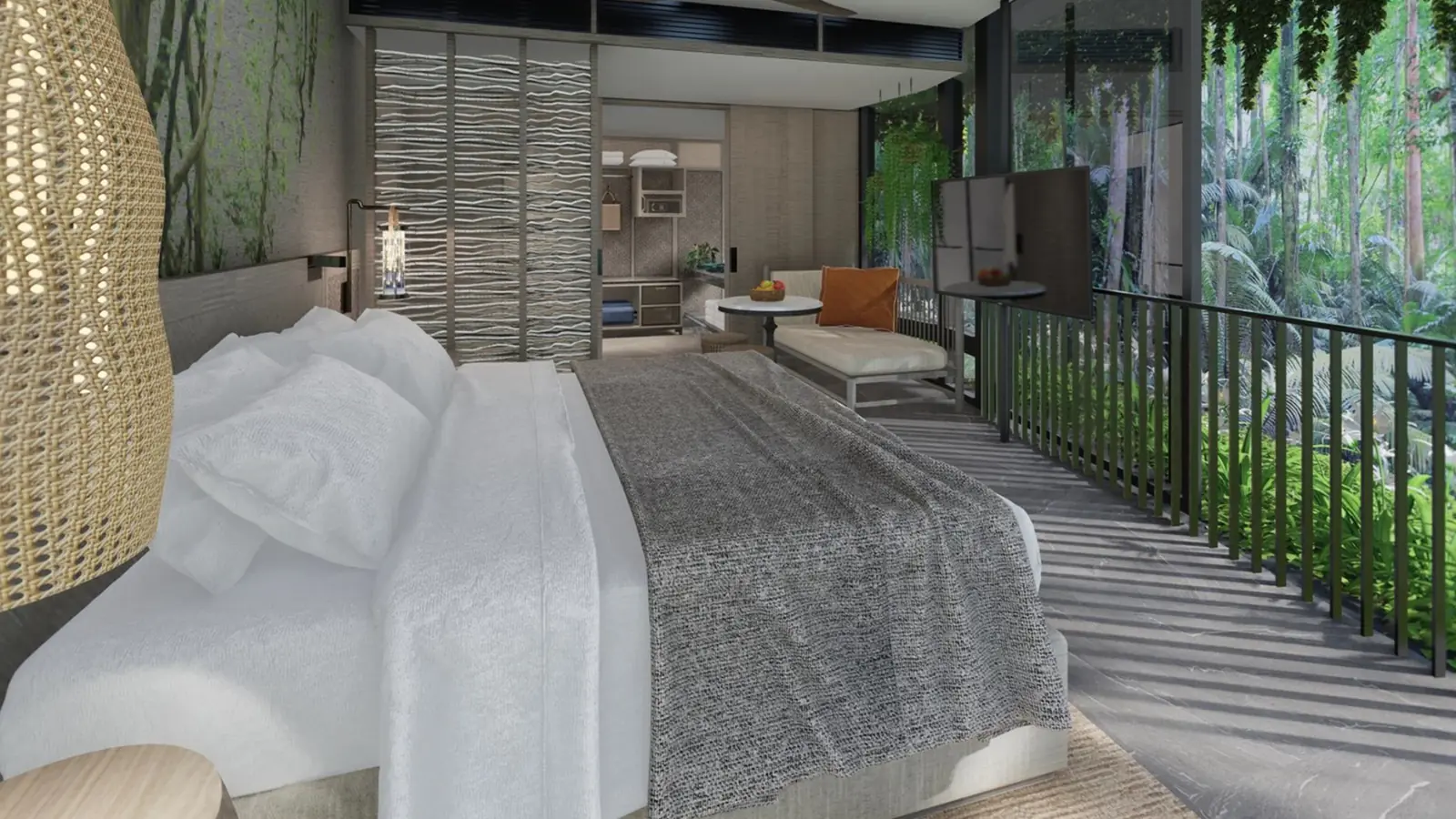 Mandai Rainforest Resort by Banyan Tree — The One-Bedroom Suite features a luxurious king-sized bed and a separate living room that offers garden and reservoir views at Mandai Rainforest Resort, Singapore