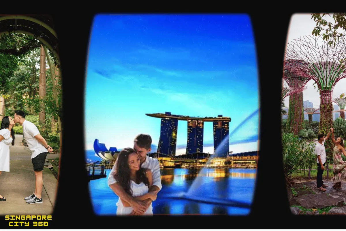Couple walking a lit waterfront path in Singapore after dark