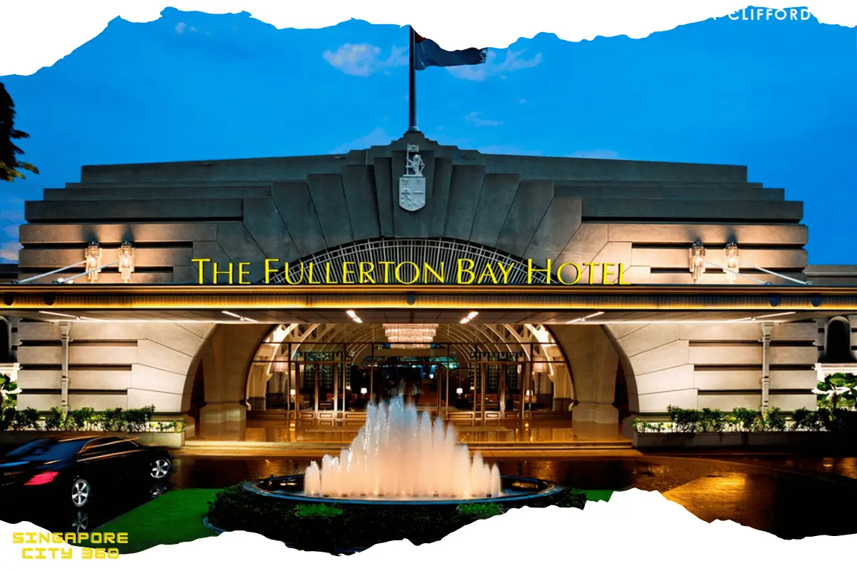 The Fullerton Bay Hotel lit at night on the Marina Bay waterfront at 80 Collyer Quay, Singapore