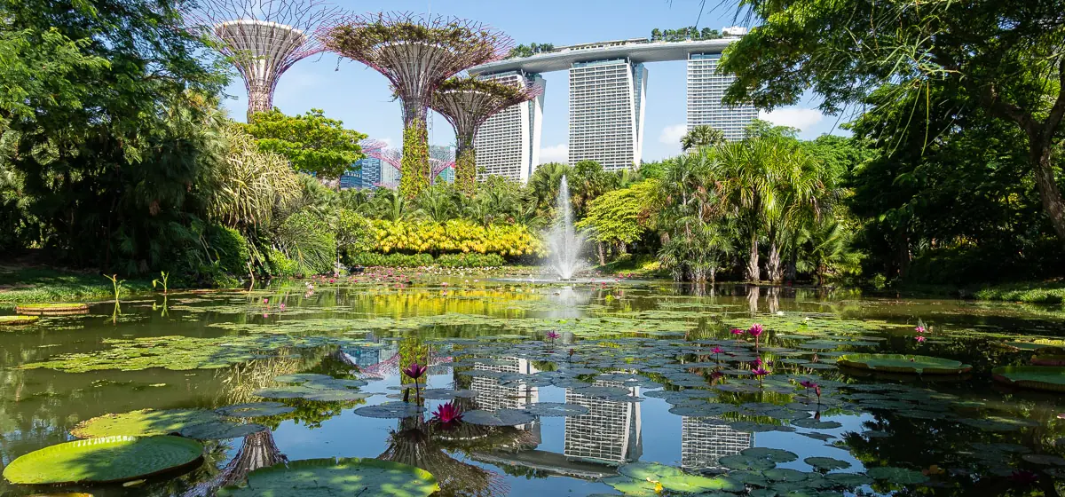 Marina Bay Sands seen from Gardens by the Bay on the reclaimed east side of Marina Bay