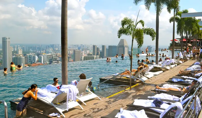 The SkyPark infinity pool at Marina Bay Sands looking out over the Singapore skyline